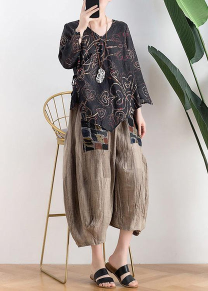 Black Print Asymmetrical Designlinen Summer Tops