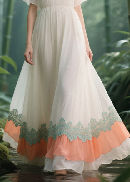 Italian White Lace Patchwork Draping Chiffon Vacation Dresses Summer