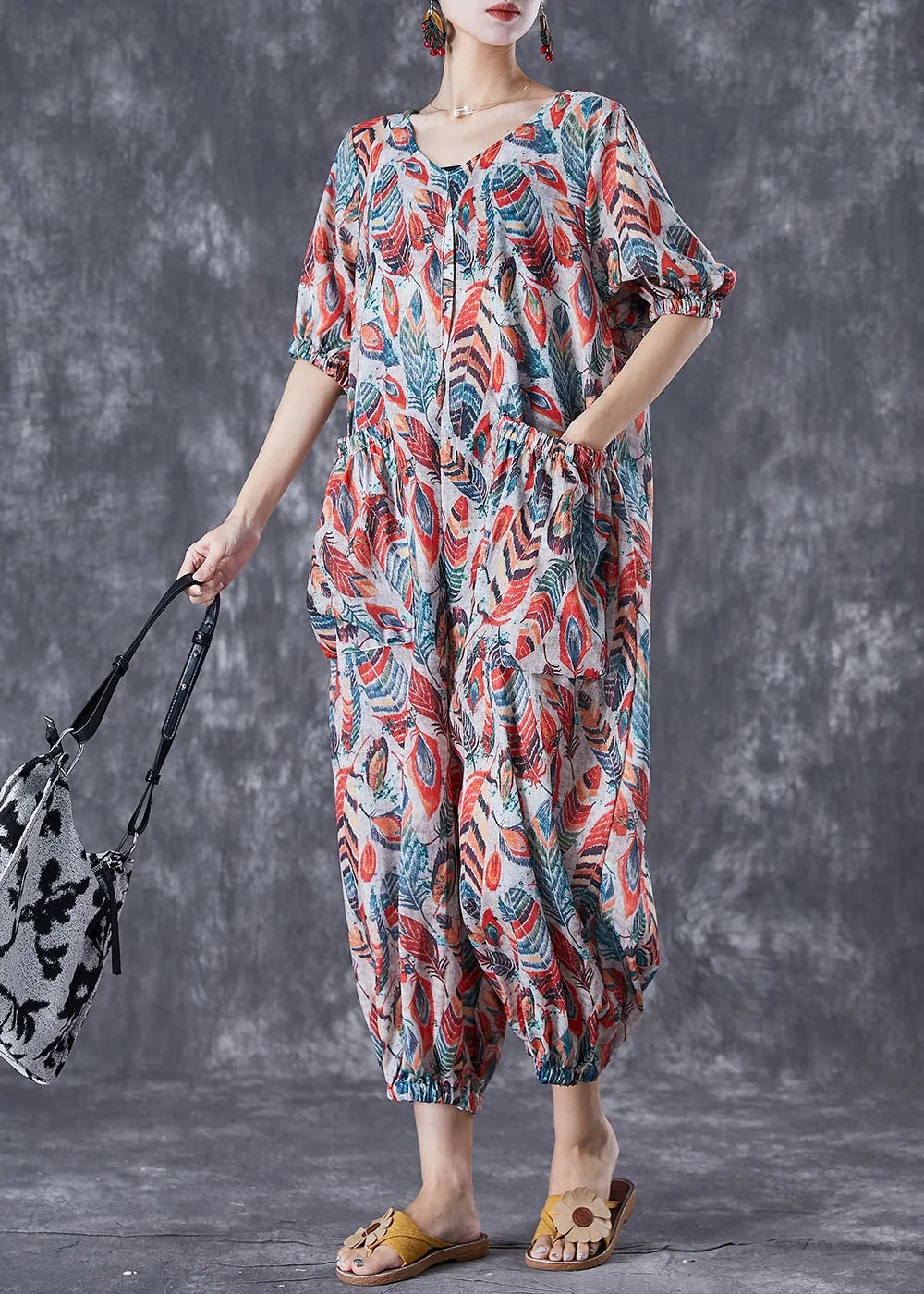 Red Feather Print Pockets Linen Jumpsuit Summer