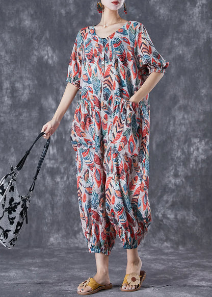 Red Feather Print Pockets Linen Jumpsuit Summer