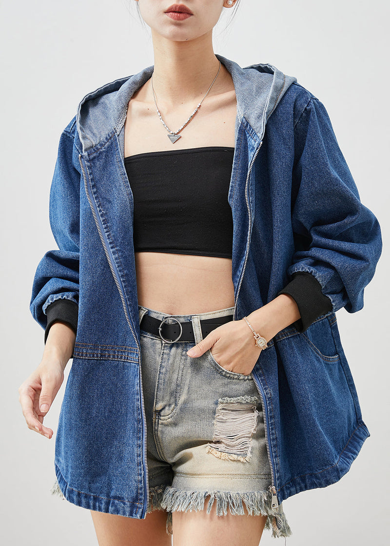 Blue Hooded Patchwork Denim Jackets Spring