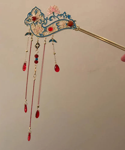 Retro Red Alloy Hollow Out Cloisonne Tassel a Pair Hairpin