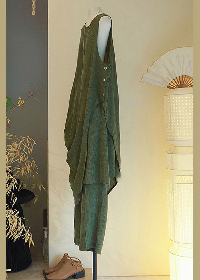 Green Asymmetrical Button Cotton Two Pieces Set Sleeveless