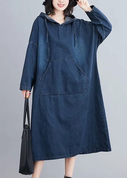 Denim Blue Hooded Pockets Denim Long Dress Spring