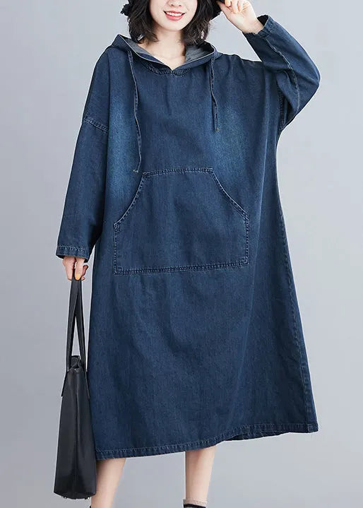 Denim Blue Hooded Pockets Denim Long Dress Spring