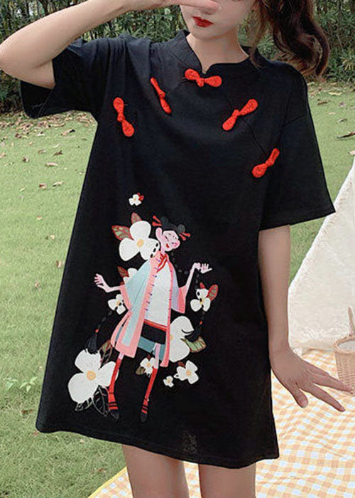 Black Print Student Dress Button Zip Up Short Sleeve Summer