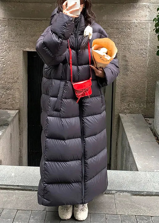 Black Zippered Drawstring Oversized Duck Down Puffer Coat Hooded