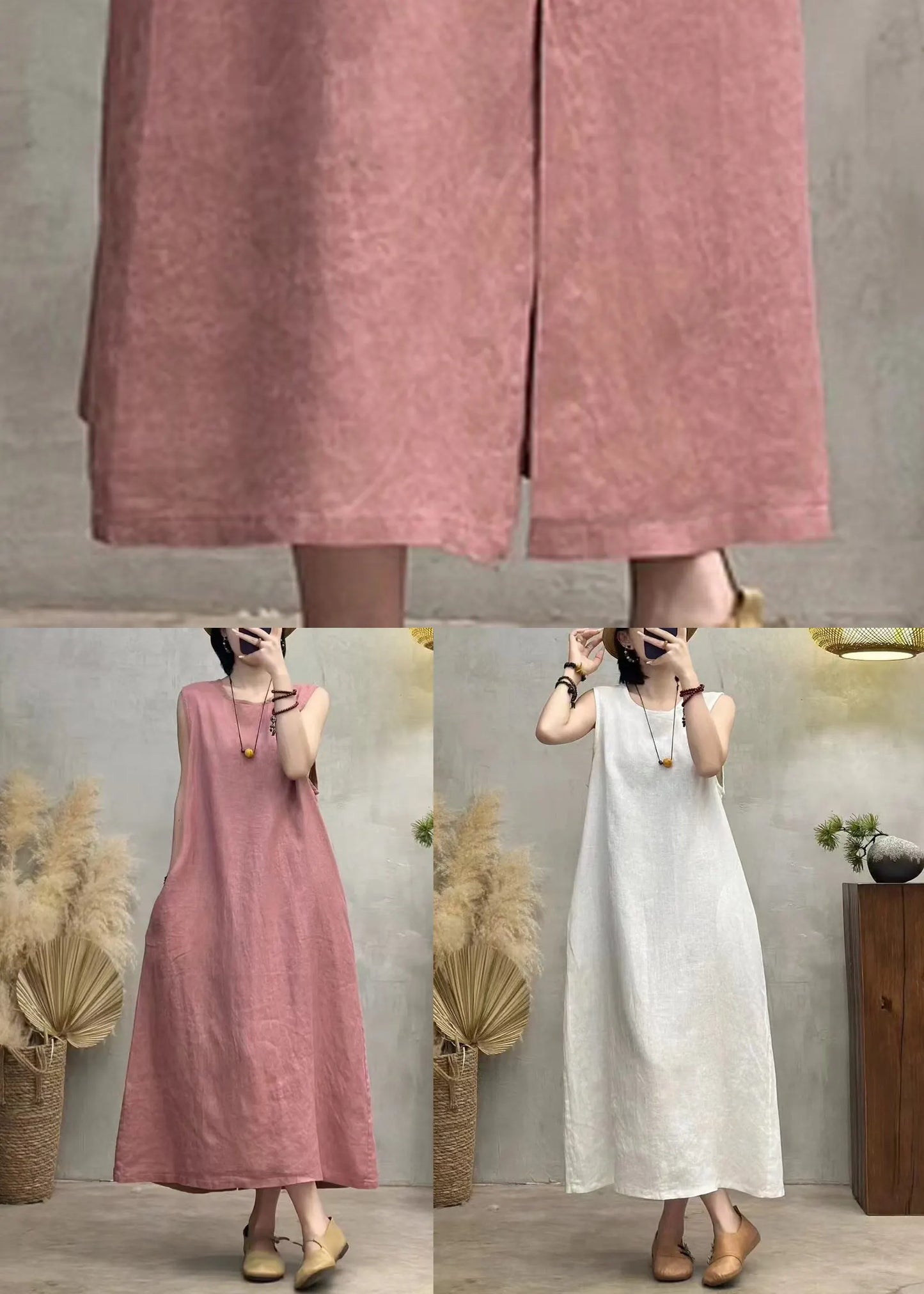 New White O Neck Pockets Linen Long Dress Sleeveless