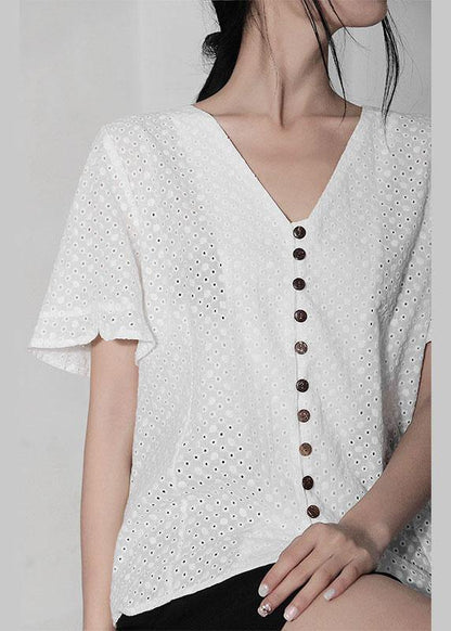 Diy White Hollow Out V Neck Button Cotton Shirt Top Summer