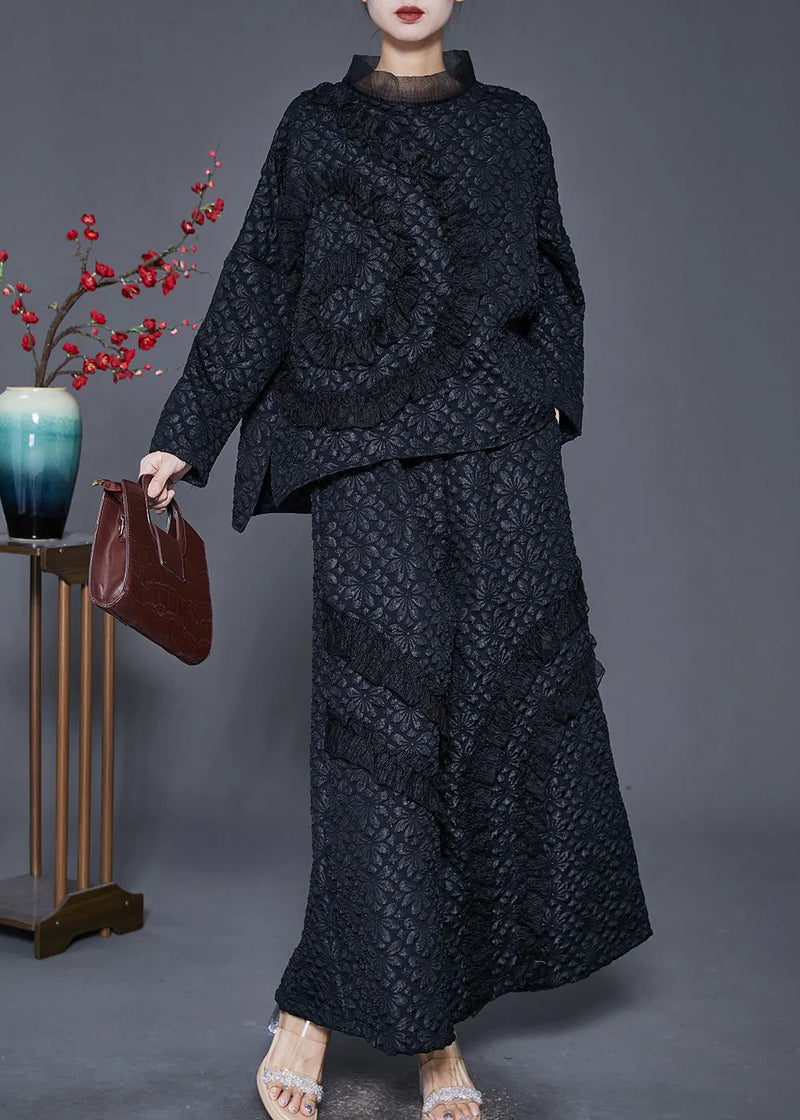 Diy Black Ruffled Patchwork Warm Fleece Two Pieces Set Winter
