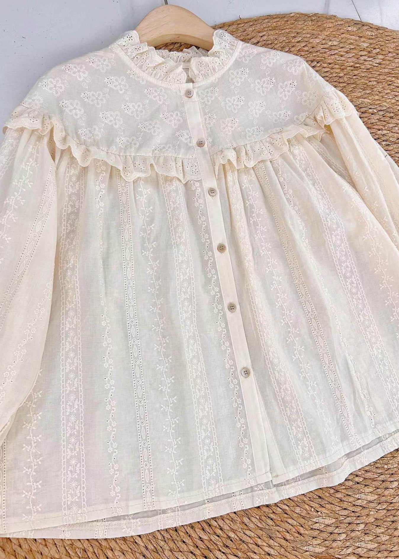 Beige Embroidered Hollow Out Cotton Blouse Spring