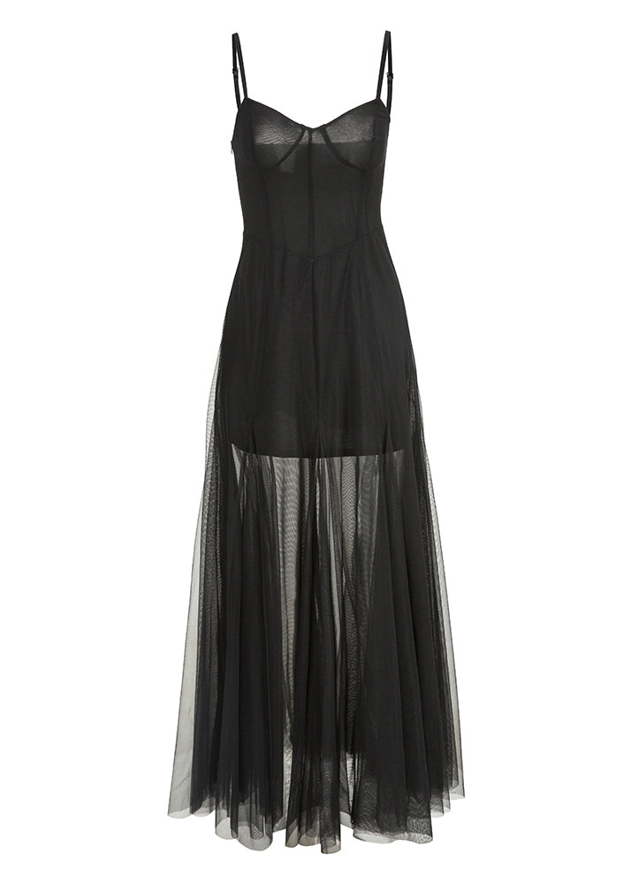 French Black Slash Neck Tulle Holiday Long Slip Dress Sleeveless Summer