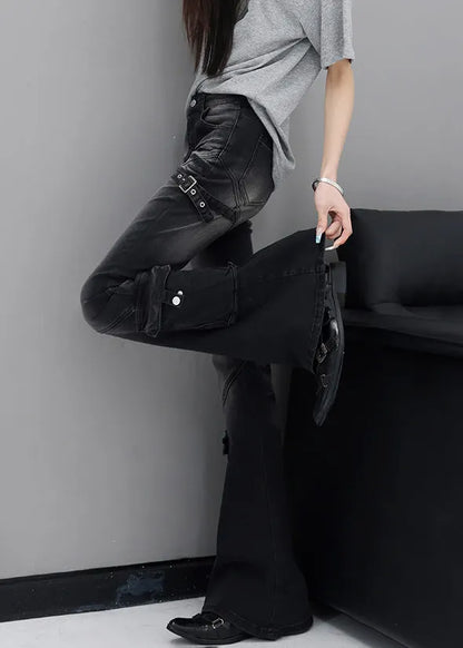 Fine Black Pockets High Waist Patchwork Denim Flared Trousers Fall