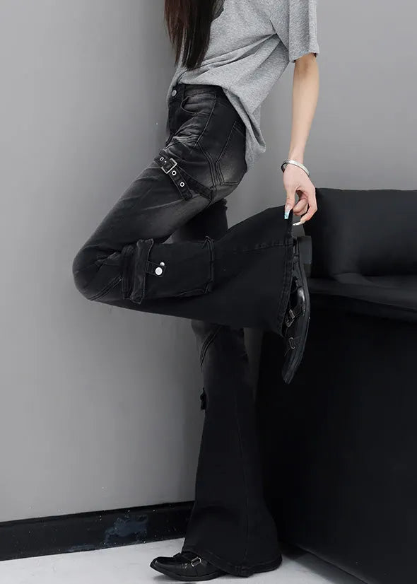 Fine Black Pockets High Waist Patchwork Denim Flared Trousers Fall