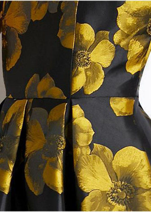 Yellow O-neck Print Silk a Line Dress Sleeveless