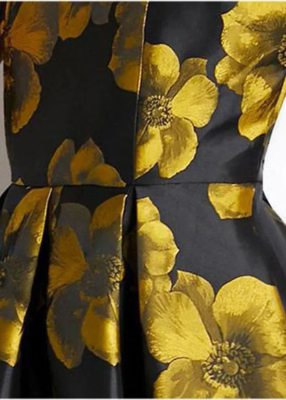Yellow O-neck Print Silk a Line Dress Sleeveless