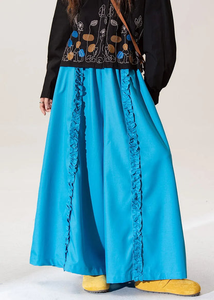Blue Ruffled Elastic Waist Cotton Pants Spring