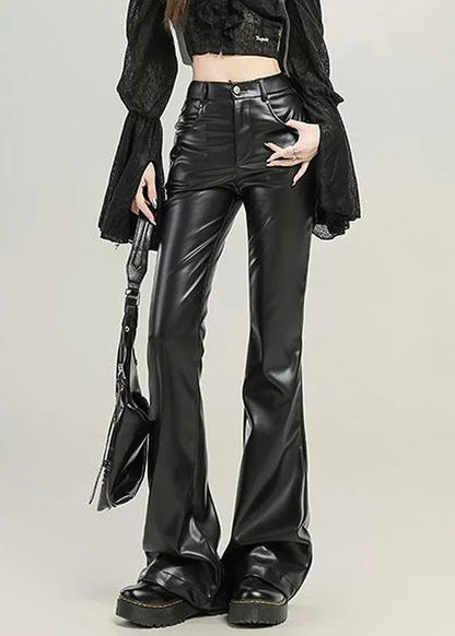 Slim Fit Black Pockets High Waist Faux Leather Flared Trousers Spring