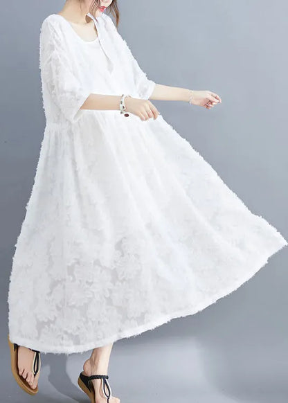 White Extra Large Hem Long Dress Two Pieces Sets Cinched Half Sleeve