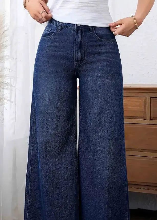 Dark Blue Pockets Patchwork Wide Leg Jeans Fall