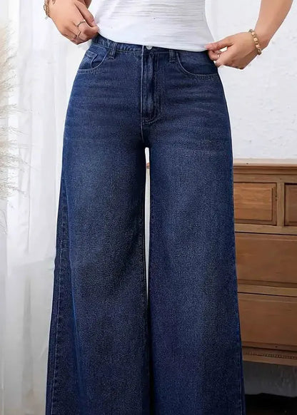 Dark Blue Pockets Patchwork Wide Leg Jeans Fall