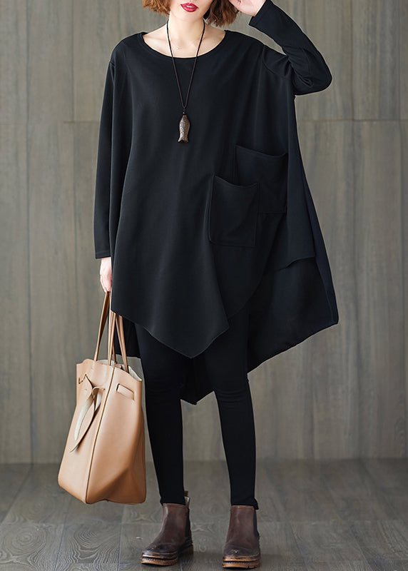 Black Asymmetrical Patchwork Cotton T Shirts Top Fall