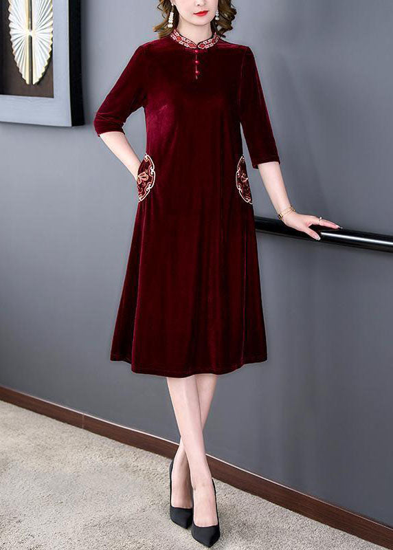 Art Mulberry Mandarin Collar Embroideried Silk Velour a Line Dress Half Sleeve