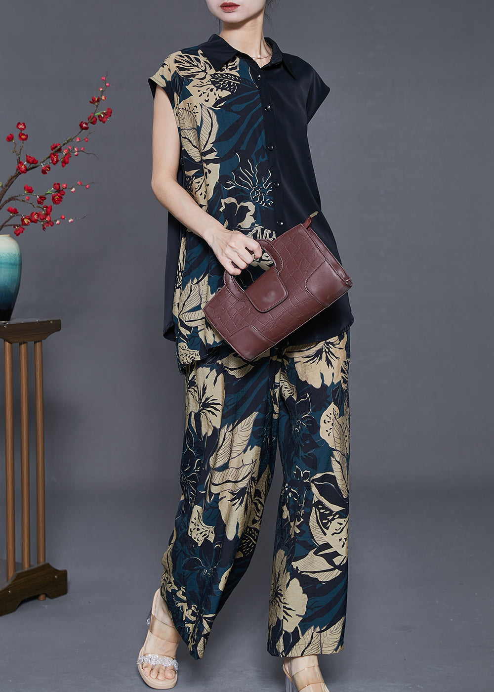 Diy Black Asymmetrical Print Chiffon Two Pieces Set Sleeveless