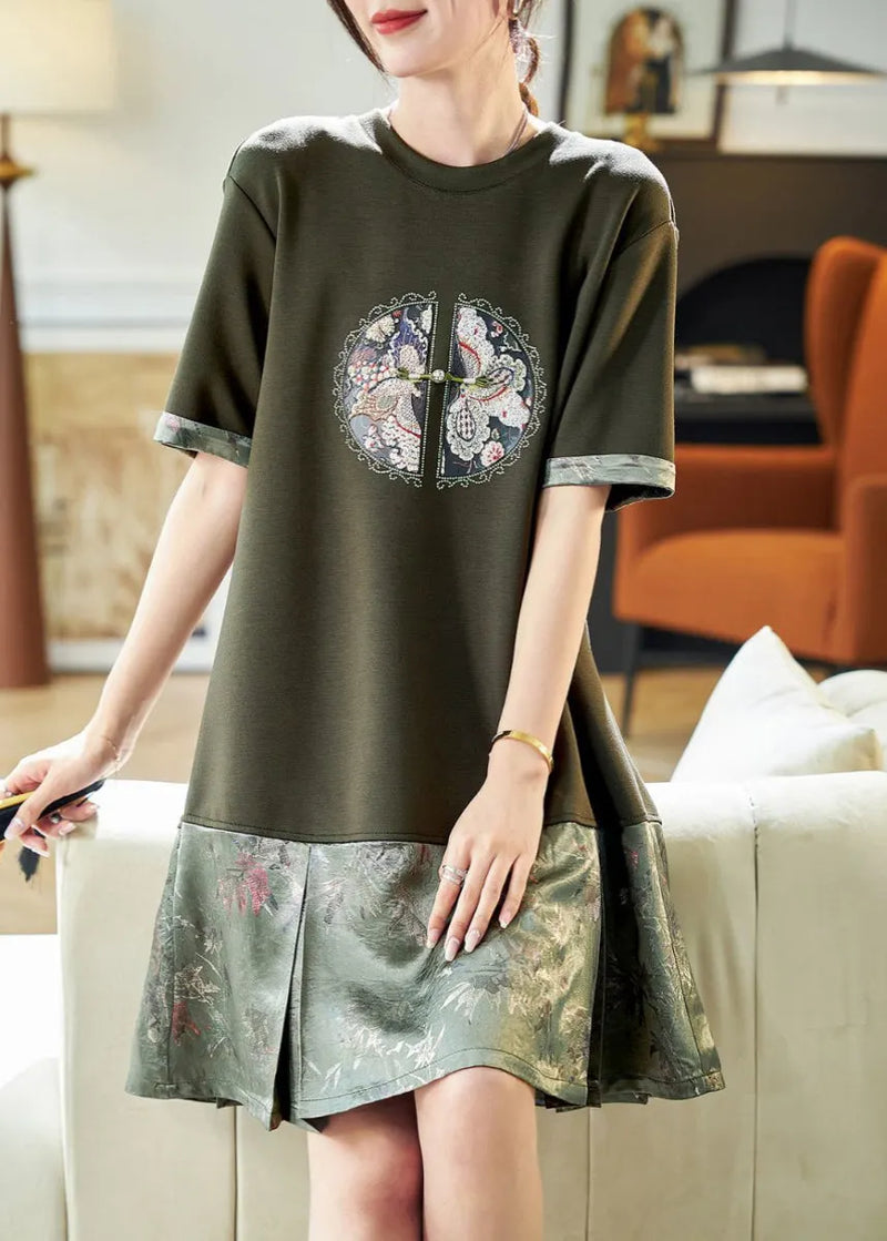 Boutique Blackish Green O Neck Jacquard Patchwork Cotton Dress Summer