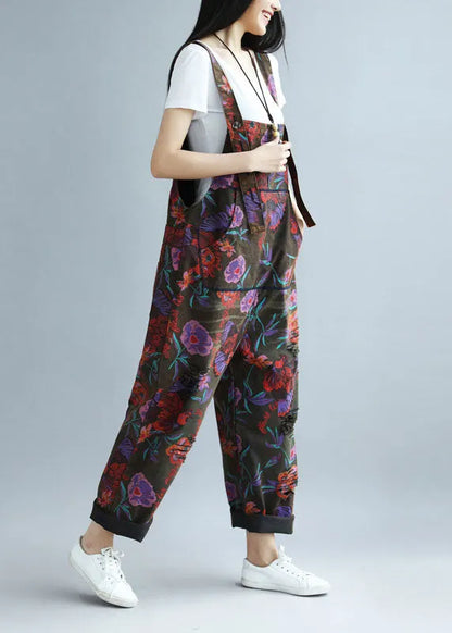 Black Oversized Butterfly Print Ripped Cotton Overalls Jumpsuit Spring