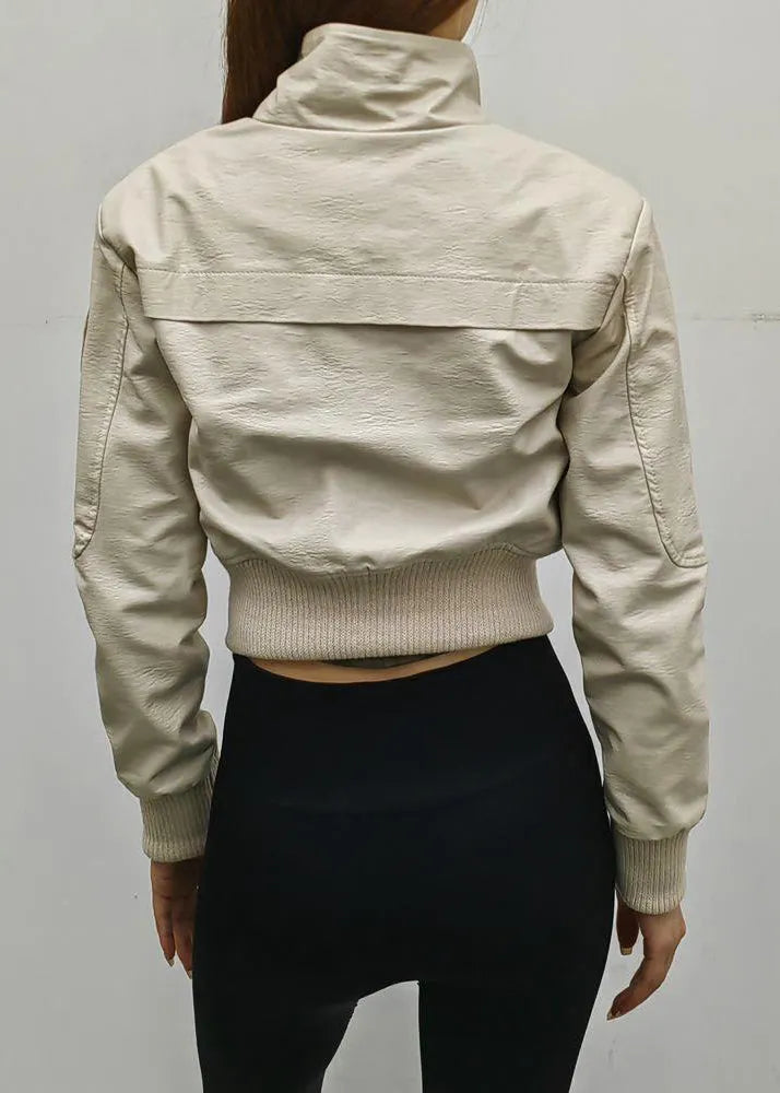 Black Zip Up Patchwork Faux Leather Coats Spring