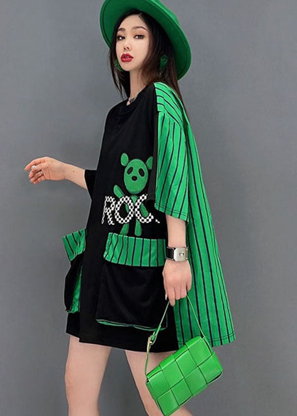 French Black O-neck Character Print Patchwork Striped Oversized Pockets Cotton Tanks Tops Short Sleeve