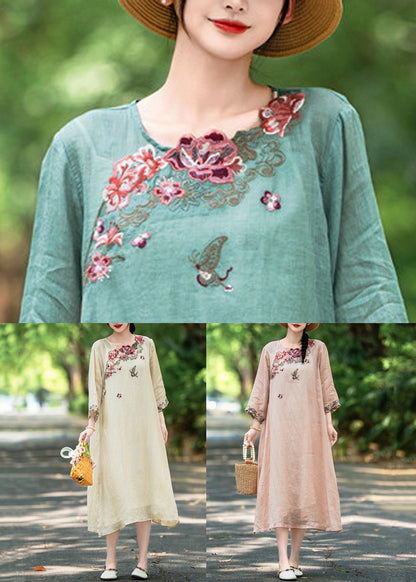 Apricot Side Open Linen Dresses Embroidered Bracelet Sleeve Summer