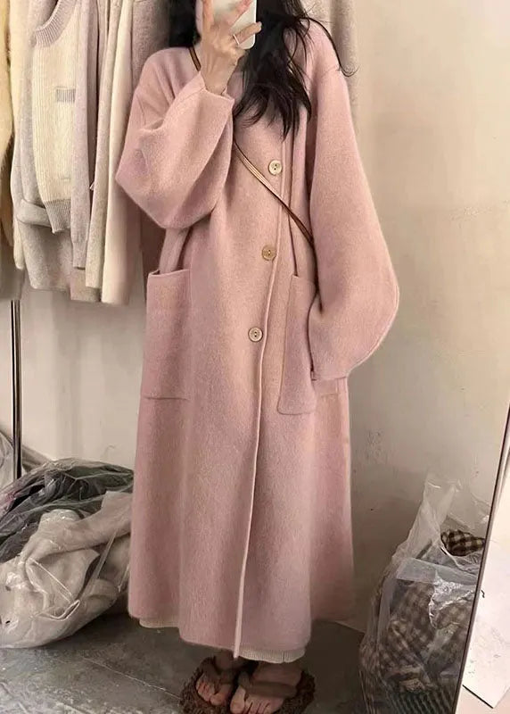 Pink Turtleneck Button Pockets Cotton Knit Long Coats Long Sleeve