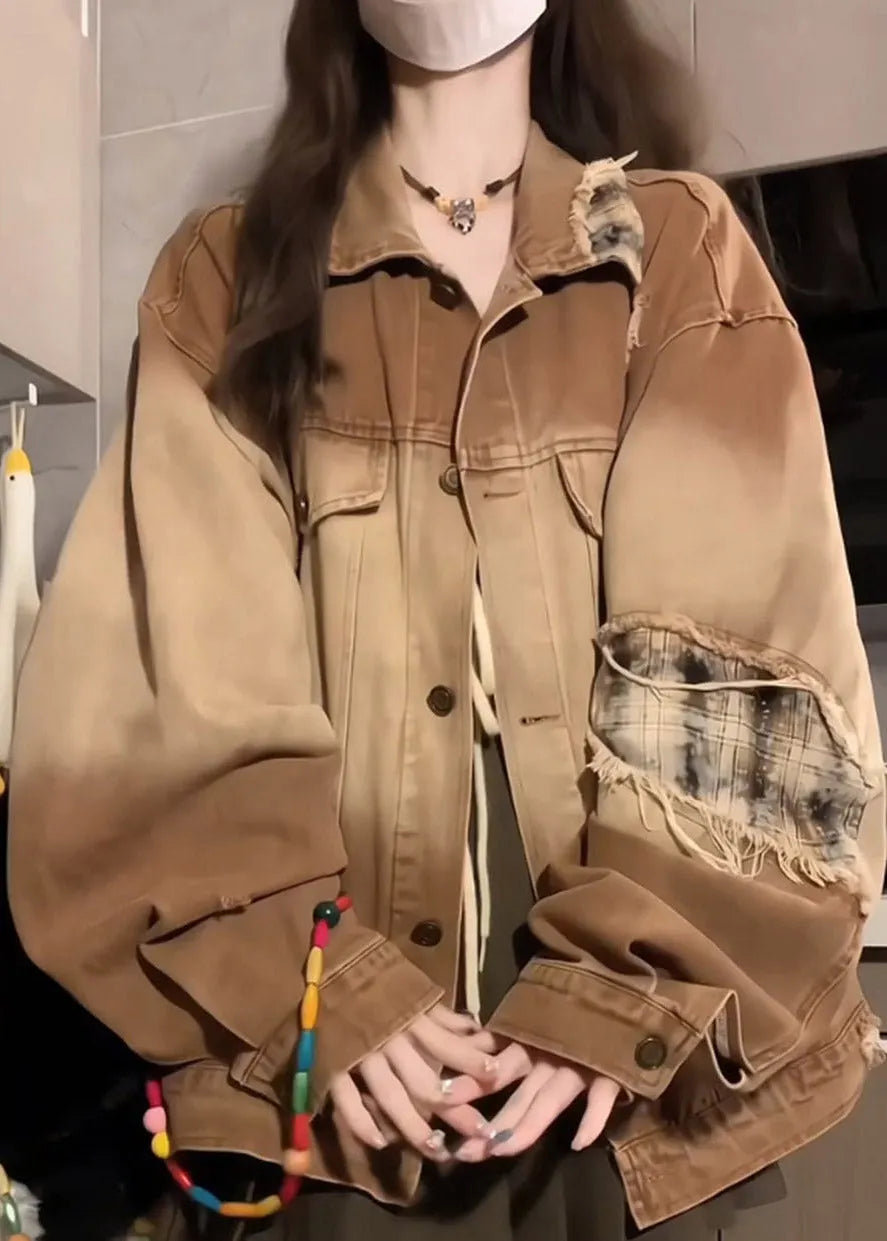 Khaki Peter Pan Collar Pockets Patchwork Patch Denim Coat Lantern Sleeve