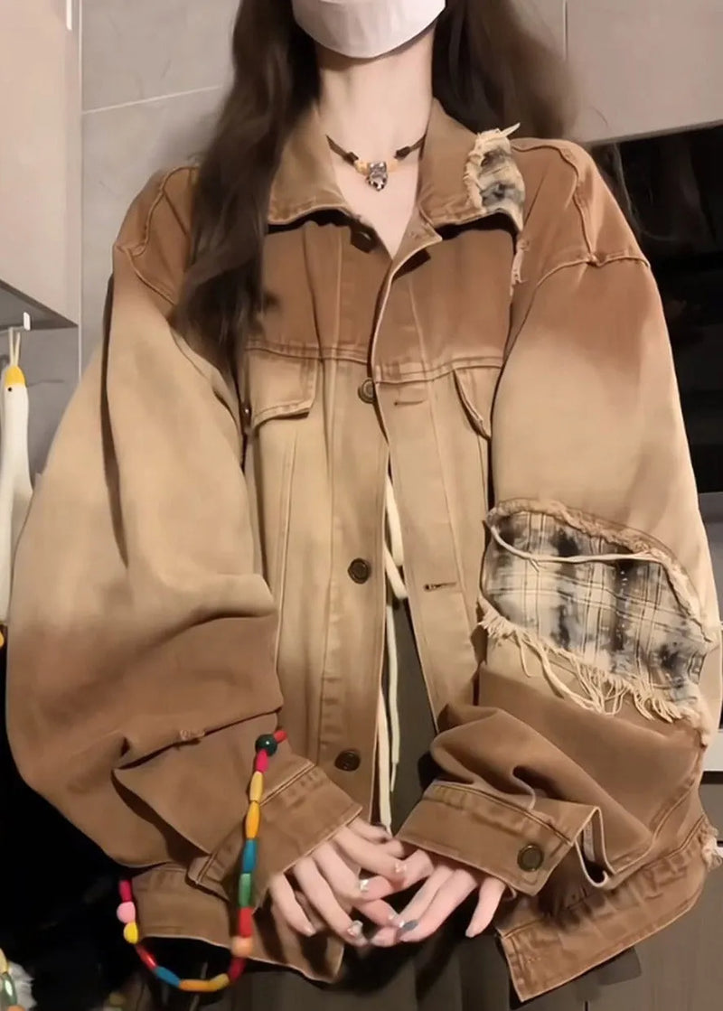 Khaki Peter Pan Collar Pockets Patchwork Patch Denim Coat Lantern Sleeve