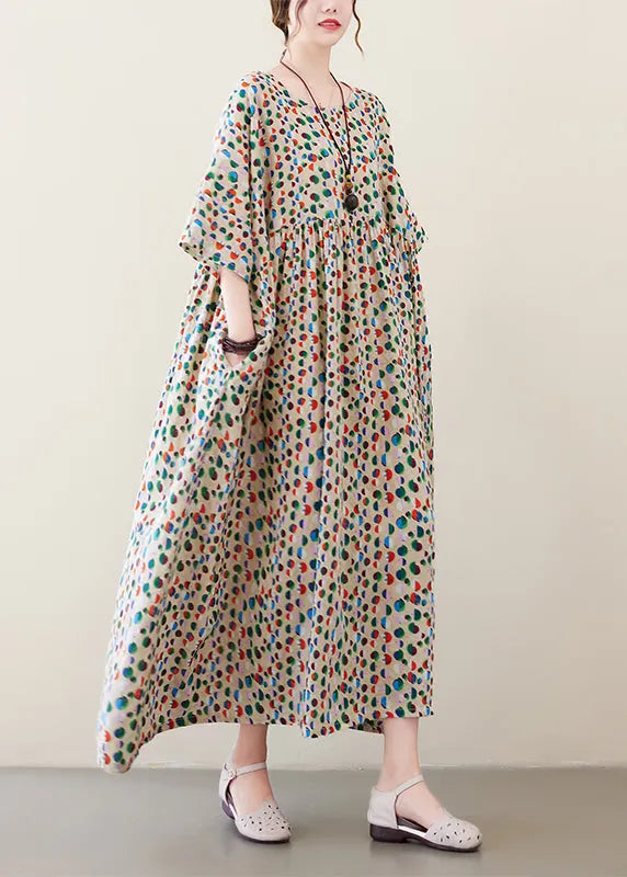 Art Light Khaki O-neck Dot Print Pockets Long Dresses Summer