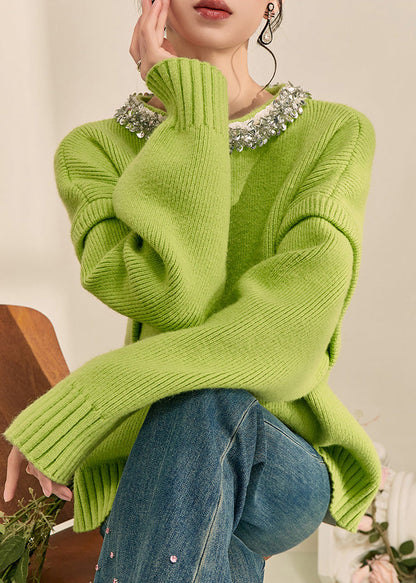 Green O-neck Patchwork Cotton Knit Sweater Long Sleeve Winter