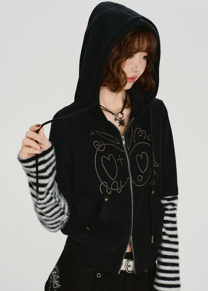 Black Zip Up Patchwork Cotton Hooded Coat Spring