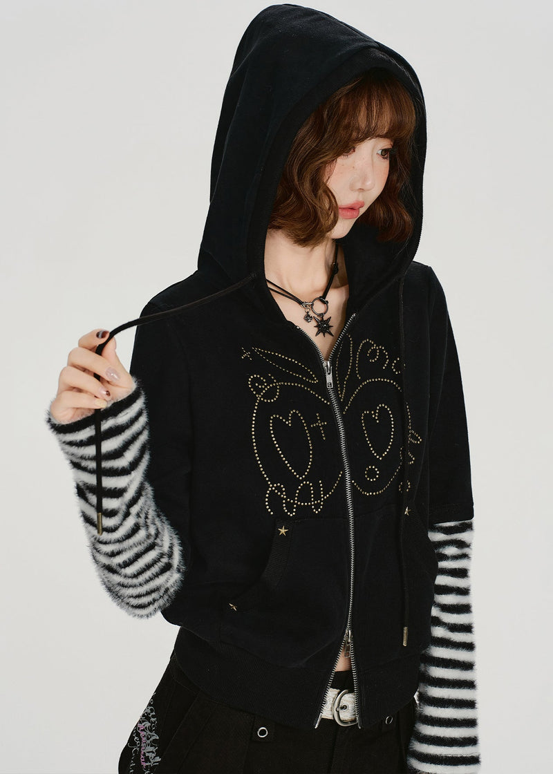 Black Zip Up Patchwork Cotton Hooded Coat Spring