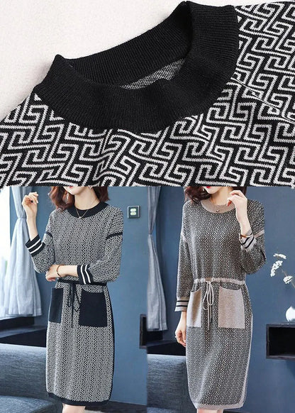 Black O-neck Print Drawstring Knit Sweater Dress Long Sleeve