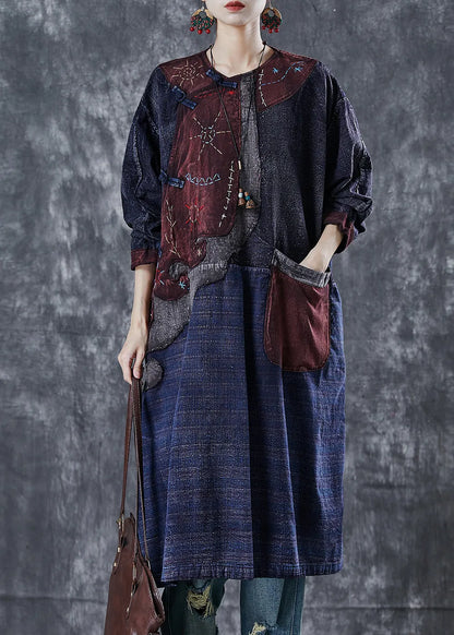Navy Embroidered Patchwork Applique Denim Oriental Dresses Spring