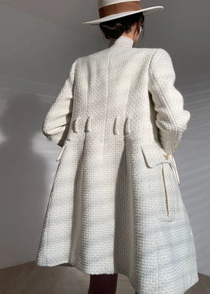 Fitted White O-neck Button Pockets Woolen Coats Long Sleeve