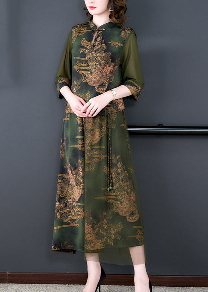 Green Stand Collar Tasseled Embroidered Silk Two Pieces Set Summer