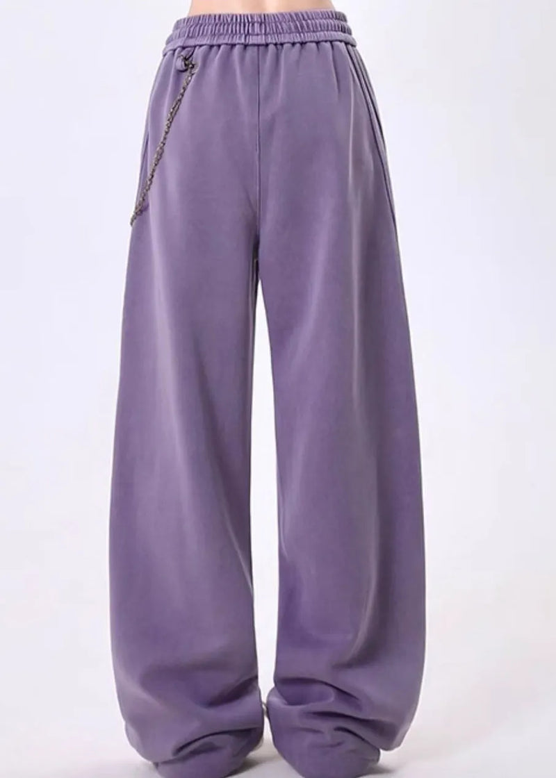 Grey Pockets Patchwork Elastic Waist Cotton Pants Spring