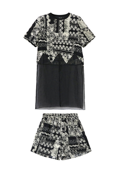 French Black O Neck Print Organza Two Pieces Set Summer