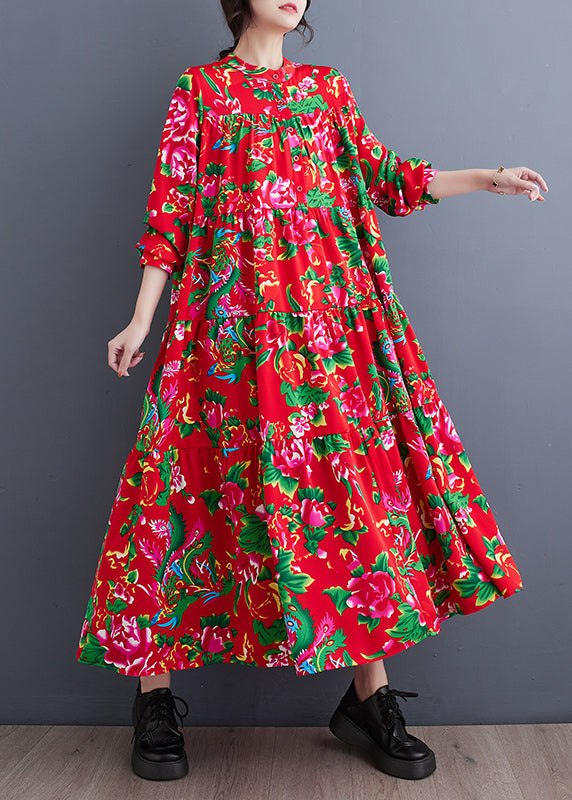 Red Stand Collar Patchwork Wrinkled Maxi Dresses Long Sleeve Spring