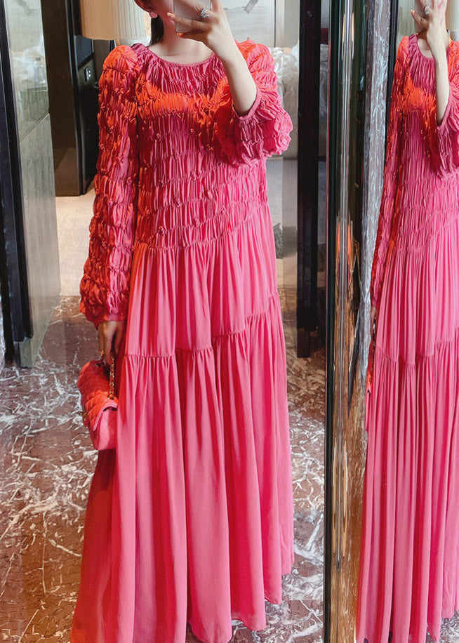 Italian Rose O-neck Wrinkled Silk Long Dresspuff Sleeve