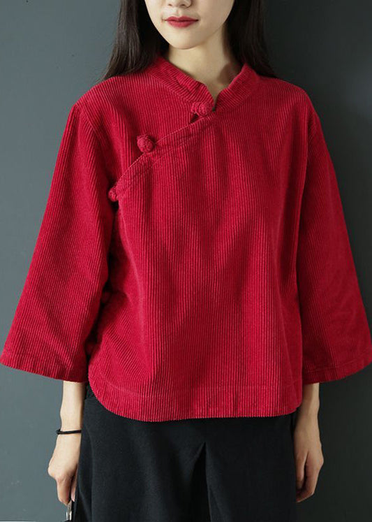 Red Stand Collar Button Corduroy Blouse Top Spring