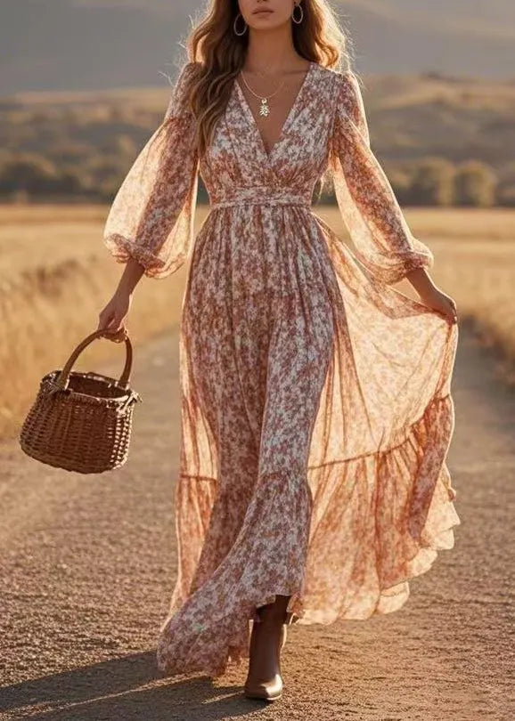 Boutique Red V Neck Print Chiffon Long Dress Lantern Sleeve